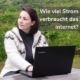 Bild zum Blogbeitrag Stromverbrauch im Internet, eine junge Frau sitzt im Grünen an einer Holzbank mit Laptop vor sich auf dem Tisch